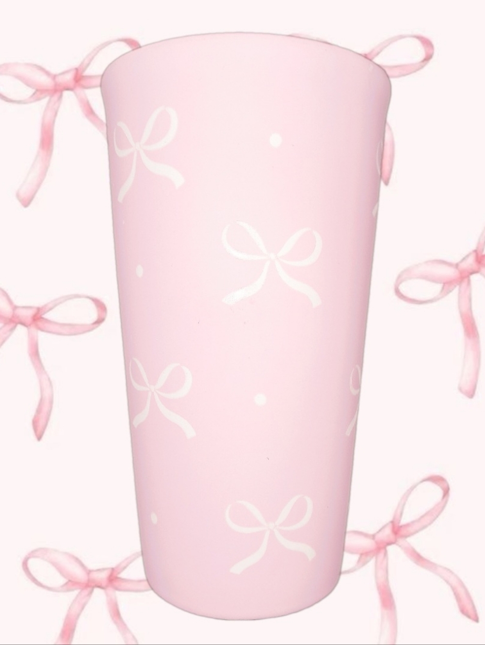 Sunday Morning Ceramics Pink Travel Tumbler With White Bow Design